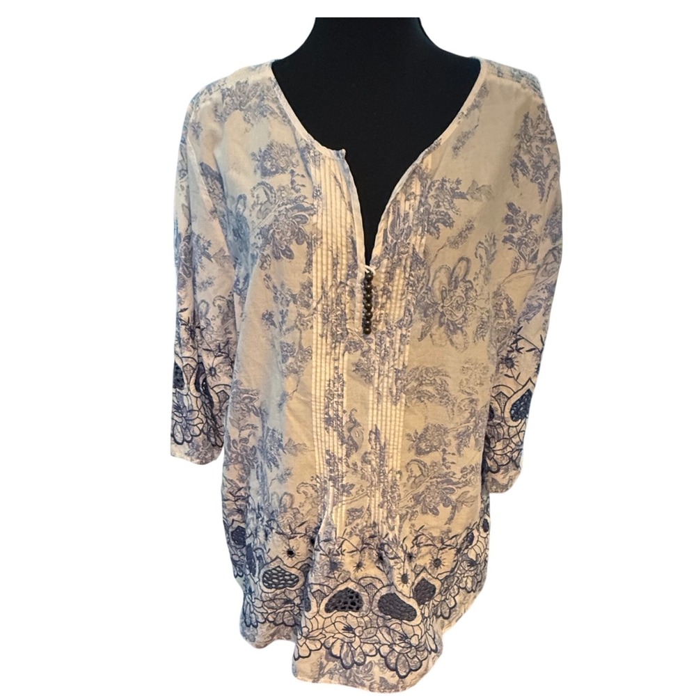 Soft Surroundings Cream and Blue Floral Tunic